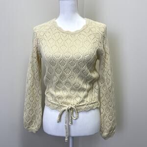 Marine Layer Cream Pointelle Crochet Sweater XS Tie Hem Cottagecore